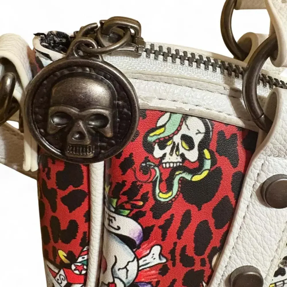 Ed Hardy Y2K Red Leopard Tattoo Skull Satchel Crossbody Bag